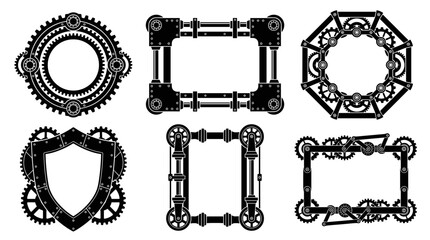 Set of ornate steampunk frames with gears, mechanical cogs and industrial vintage border elements, perfect for retro design projects and Victorian © Haki