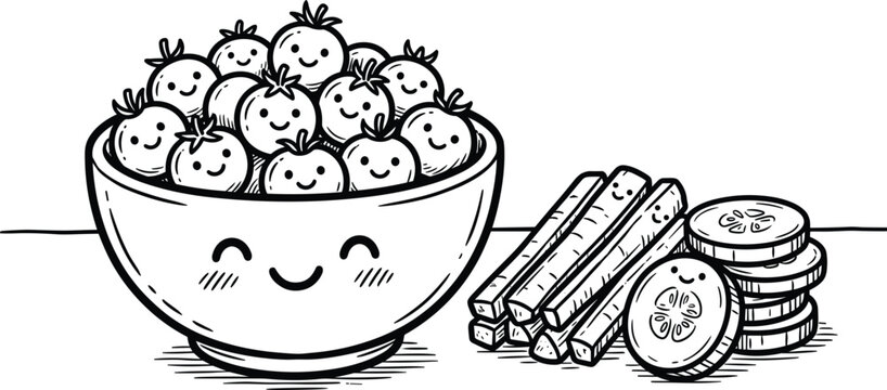 Cute smiling cherry tomatoes bowl next to healthy carrot sticks and cucumber slices coloring book page vector illustration featuring happy cartoon vegetables