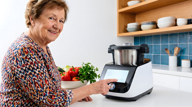 Senior woman operating a smart kitchen food processor in a modern home kitchen