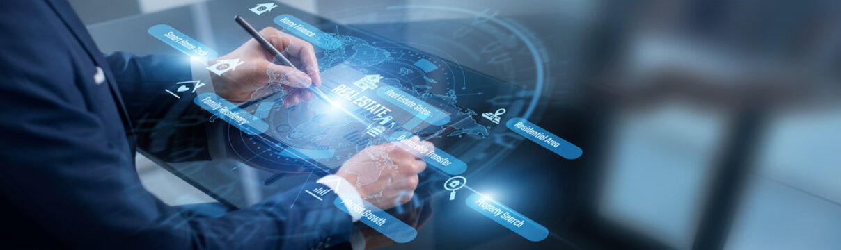 Property broker point of luxury real estate. Broker using tablet showcasing virtual tours across the global property network. Connecting elite buyers and closing high-value contracts.