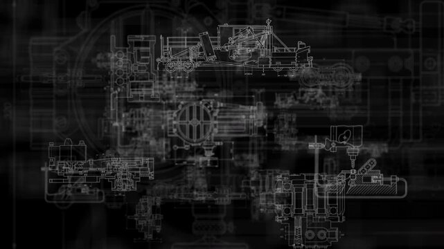 Abstract animation of mechanical engineering drawings and technical blueprints on a black background