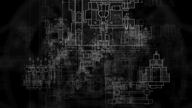 Technical mechanical drawing blueprint animation background