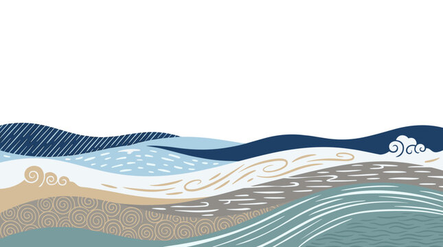 Wavy sea surface with traditional Japanese style patterns and stylized ocean currents in blue and beige tones for nature backgrounds