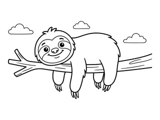 Cute sloth hanging on a branch coloring page illustration black and white silhouette © graphixarrow