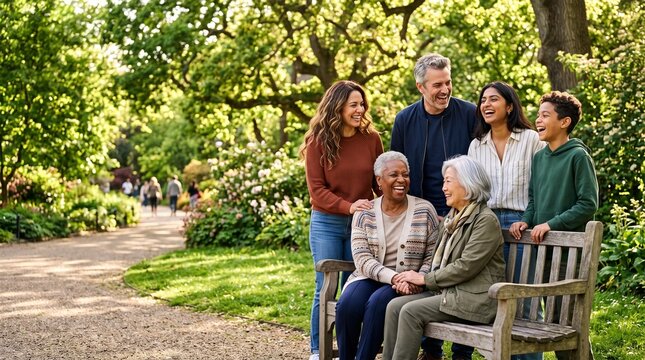 Diverse family and friends celebrating together in a sunny park
