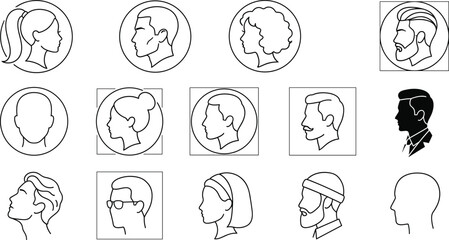 Fototapeta premium People profile head avatar man and woman face black outline icon set vector illustration