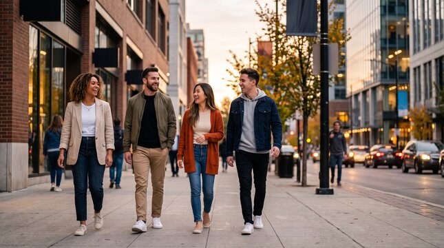 Happy multicultural friends walking on an urban street
