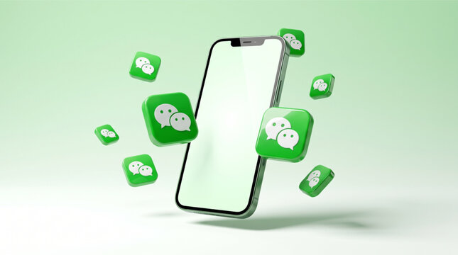 WeChat Social Media concept. 3D green messenger icons floating around a blank smartphone screen mockup. Chinese messaging platform app interface template for mobile communication networking.