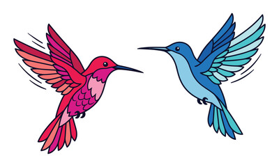 Obraz premium Colorful hummingbird illustrations facing each other in flight with vibrant wings and motion lines