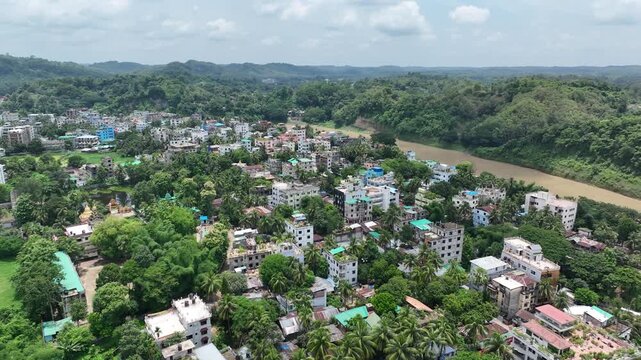 Aerial view flying over bandarban cityscape and sangu river in bangladesh