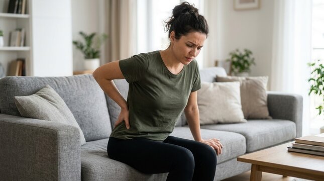 A person suffering from hemorrhoids disease and physical pain in a home setting.