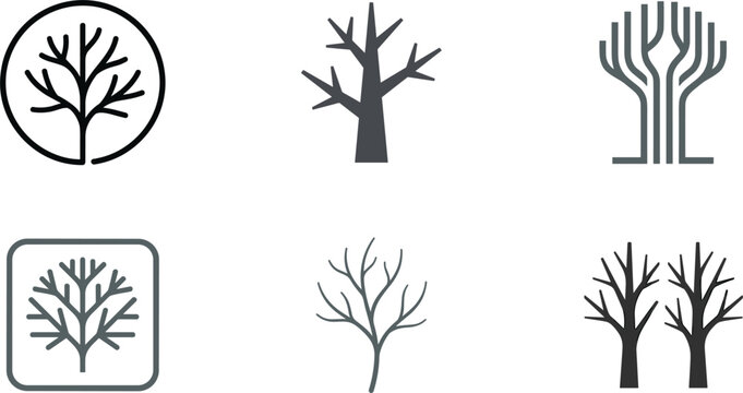 Minimalist Bare Tree Icon Vector Set Featuring Abstract Naked Branches and Geometric Winter Nature Logos for Modern App Design