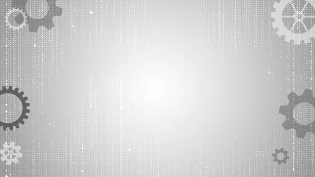 Light grey industrial technology gear silhouettes, falling dotted data, clean central space. automation, engineering promos, factory explainers, machine learning slides, product demos, motion graphics