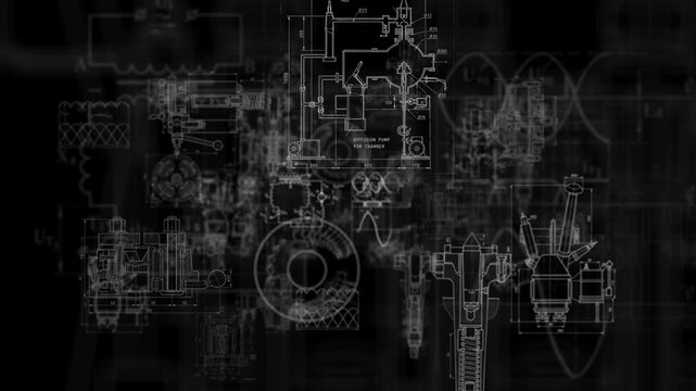 Technical electrical engineering blueprint animation on black background