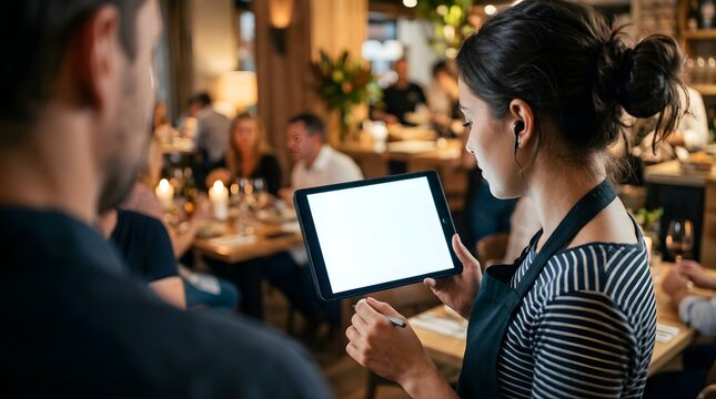 Waitress taking food order from customer on tablet in a busy restaurant