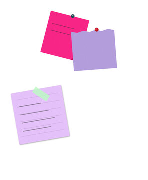 Colorful sticky notes with a bright pink pushpin on one note