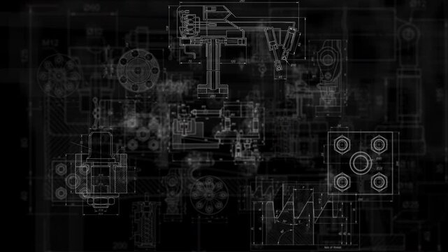 Technical mechanical drawing blueprint animation on black background