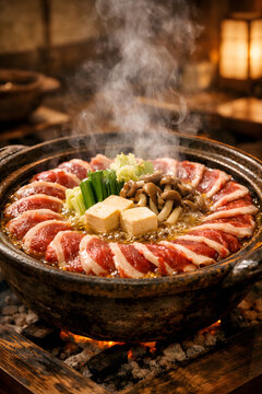 Botan Nabe Wild Boar Hot Pot Simmering Over Charcoal Fire
