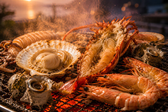 Assorted Grilled Seafood on Charcoal Robatayaki at Sunset