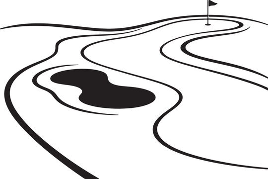 Minimalist golf course landscape silhouette with green flag and sand trap bunker.
