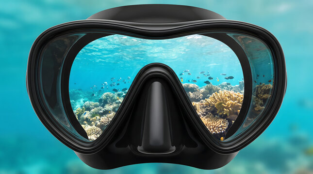 Black diving mask revealing vibrant coral reef and school of fish underwater