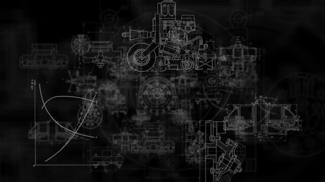 Mechanical engineering blueprint animation with industrial machine parts and technical drawings on a black background