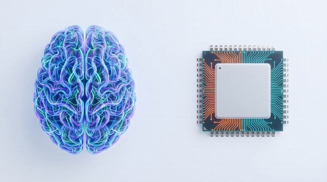 Human brain neural network alongside microchip circuit in digital illustration