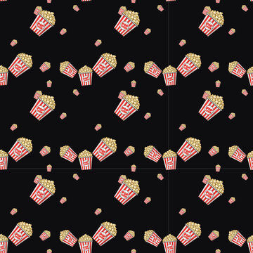 Seamless vector style popcorn pattern with red striped cinema buckets scattered on a black background. Ideal for wrapping paper, fabric, wallpaper, packaging, and movie themed designs.