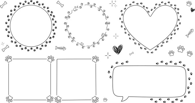 Cute pet paw print border frames bundle with heart circle square and speech bubble