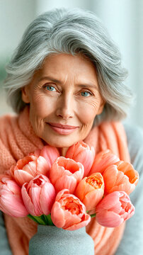 Elegant senior woman holding pink tulip bouquet with warm smile celebrating spring beauty and graceful aging