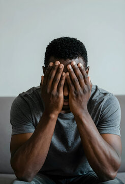 African american man covering his face with hands, expressing sadness, stress, and mental health issues