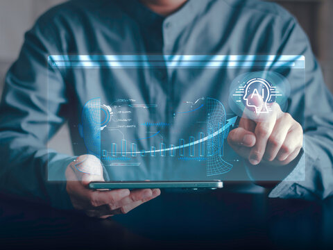 AI exponential growth, futuristic technology and predictive data analytics for corporate strategy. Businessman touching glowing AI head icon with rising growth graph on smartphone interface
