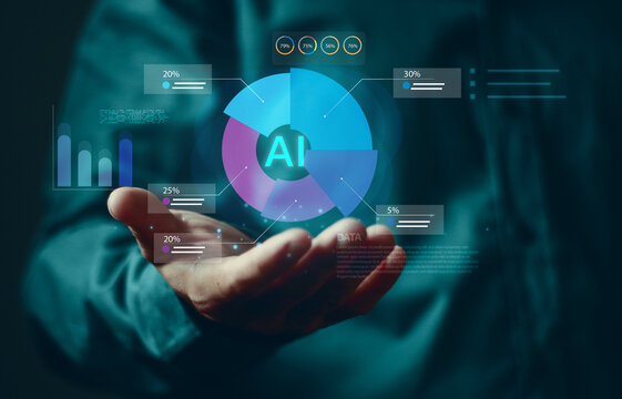 Hand holding glowing digital pie chart with AI text and statistical data. Concept of artificial intelligence analytics, market share research, business insights and machine learning data.