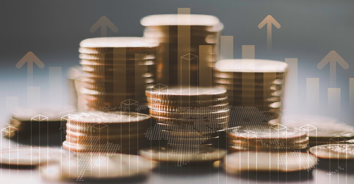 Golden coins stacked with glowing financial growth bar charts and global world map background. Strategic investment, economic success, and capital wealth management concept on dark background.