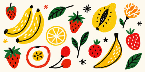 Hand Drawn Fruit Illustration Set Featuring Strawberries Bananas Citrus And Apples apple berry © Bipul