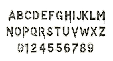 Black stencil alphabet and numbers with dripping paint effect on a white background. © Grangger