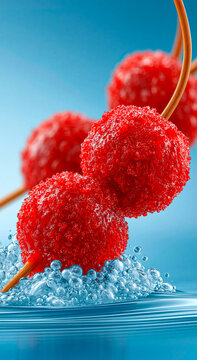 Fresh candied cherries covered with sparkling sugar crystals splashing in water on blue background