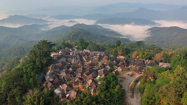 Wengji Village in Yunnan, China. The Birthplace of Iconic Pu-Erh Tea. Puer Region is famous by Ancient tea trees Forest.