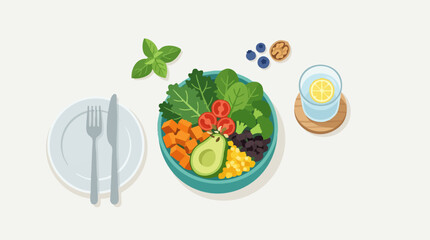 Healthy Vegan Buddha Bowl with Fresh Ingredients and Water Illustration © Luna