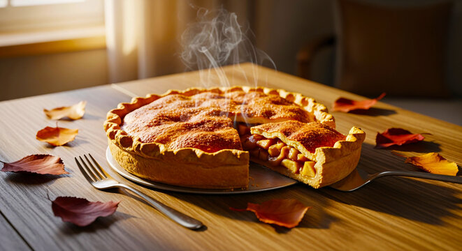 Steaming Freshly Baked Apple Pie on Wooden Table