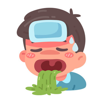 Cartoon illustration of a sick little boy experiencing fever, nausea, and throwing up green