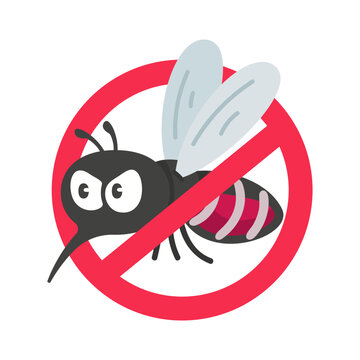 Cartoon mosquito within a red forbidden sign representing insect repellent and pest control