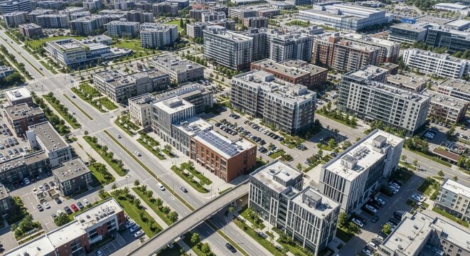 Aerial view of a modern, developed urban cityscape with office buildings, roads, and green spaces