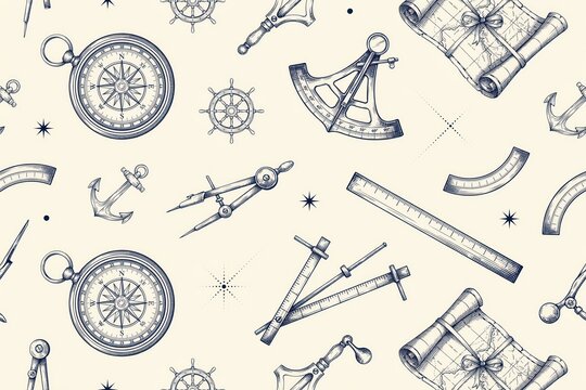Seamless pattern with vintage nautical navigation instruments, brass compasses, sextants, rolled maps, and anchors on a light beige background