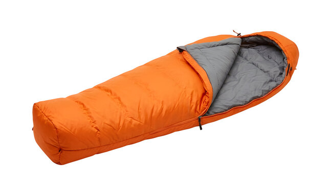 Orange sleeping bag for camping and outdoor travel isolated on transparent background