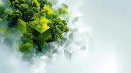 Futuristic Green Digital Background with Forest and Geometric Cubes, Sustainable Technology Concept