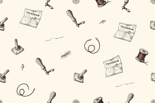 Seamless pattern with vintage telegrams, telegraph keys, electrical wires, and morse code symbols on a light beige paper background