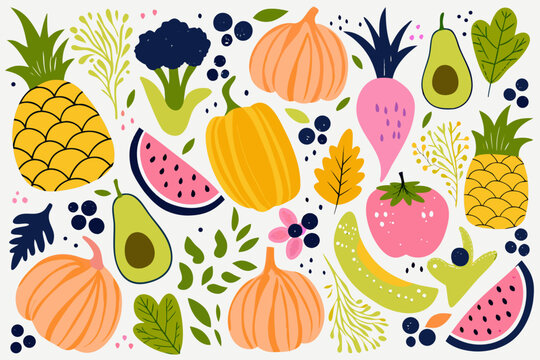 Assorted Fruits And Vegetables A Colorful Vector Illustration With A White Background avocado