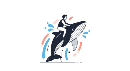Illustrated surfer riding a stylized whale wave. © Acuba