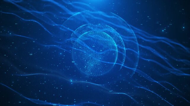Blue digital data sphere background flowing wave mesh, glowing numbers, deep futuristic space. AI analytics intros, cyber security screens, network visualizations, cloud promos, technology overlays.